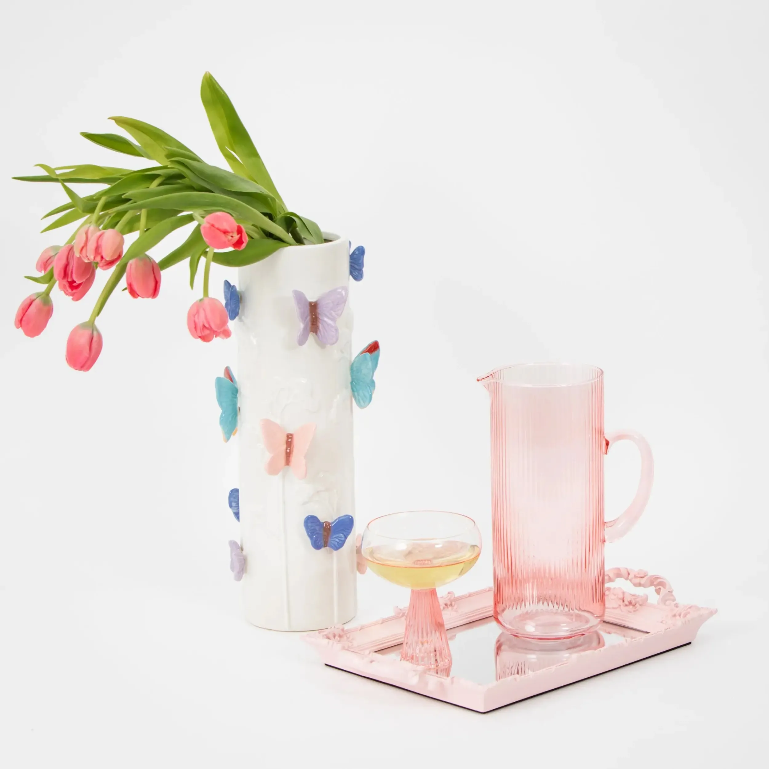 Pleat Glass Drink Pitcher Pink | GigiandTom New